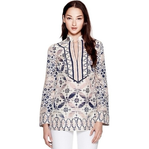 Tory Burch Daria Silk Tunic Mixed Print Geometric Floral Embroidered Size 4 - Picture 2 of 3